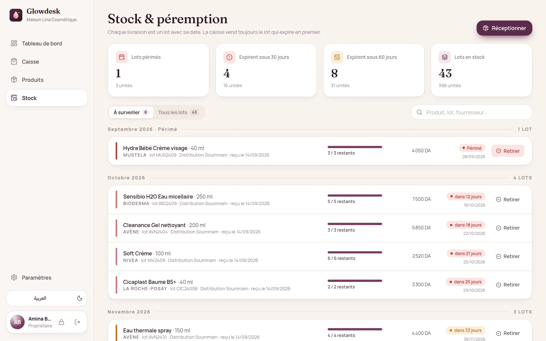 Lots classés par mois de péremption